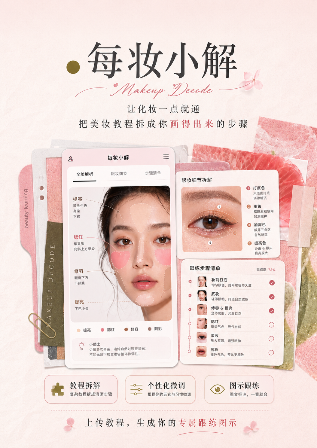 每妆小解产品界面:美妆教程被拆成可跟练的步骤图示与个人知识库。
